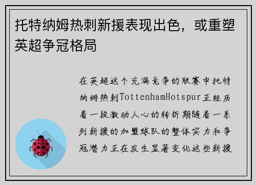 托特纳姆热刺新援表现出色，或重塑英超争冠格局